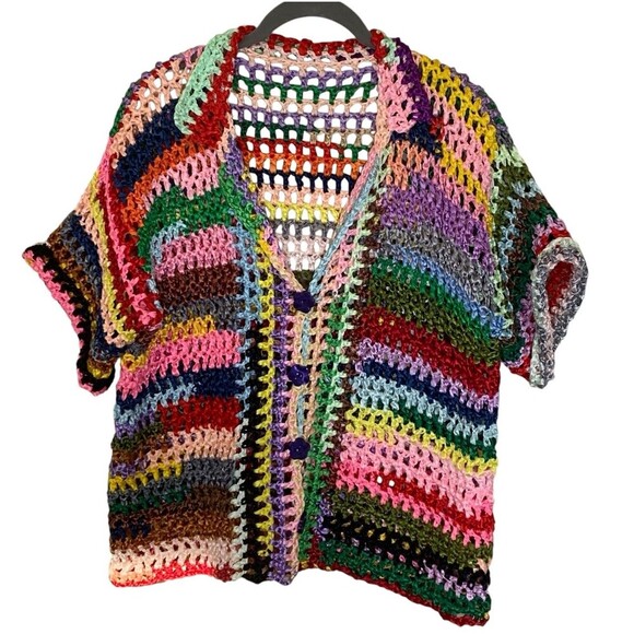 Handmade Tops - HANDMADE Crochet Button Down Shirt Womens Plus Size 2XL Multicolor Pride Beach